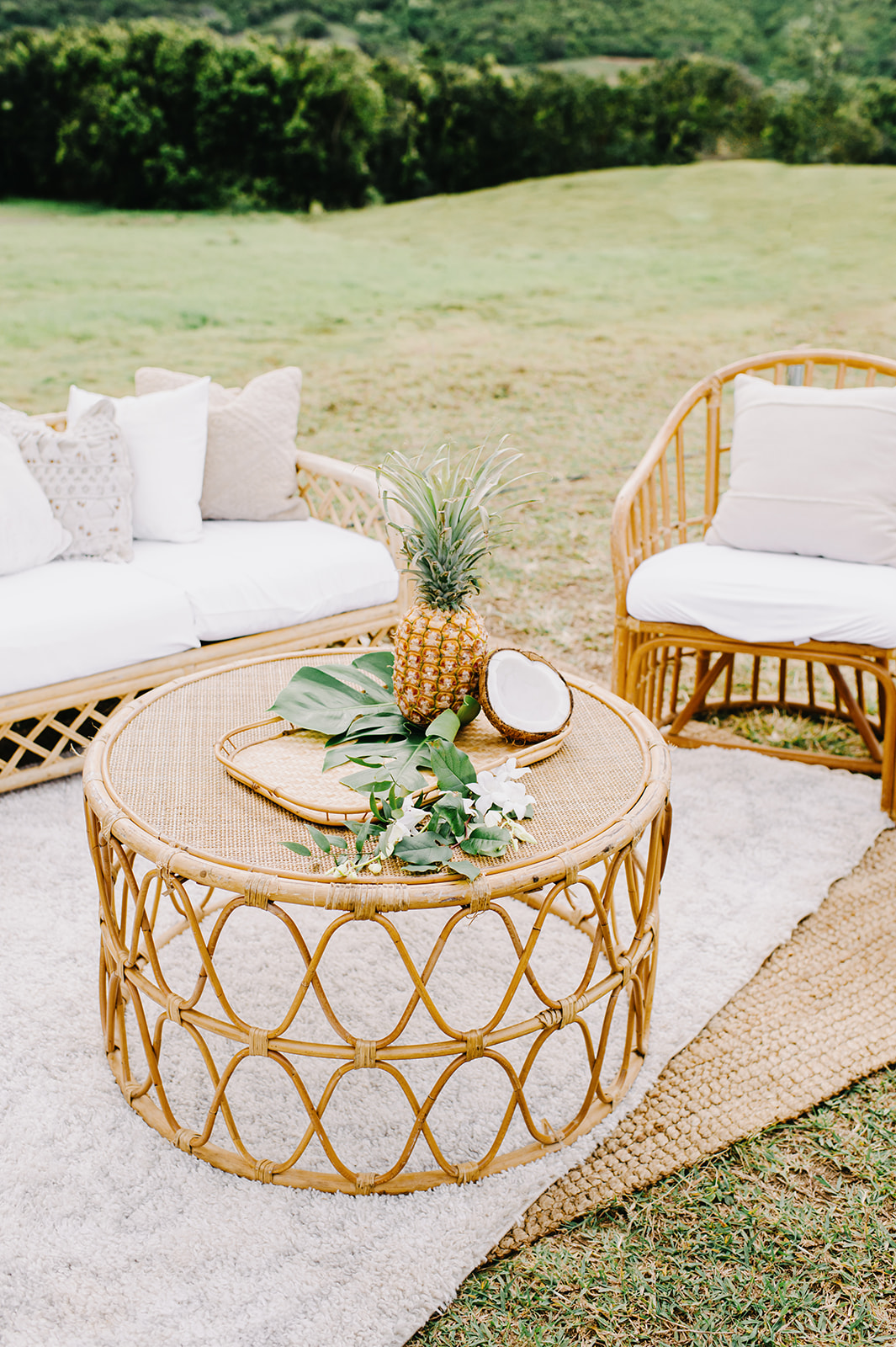 Tropical elegance in the reception setup featuring warm rattan furniture and vibrant pineapples L Hewitt Photography